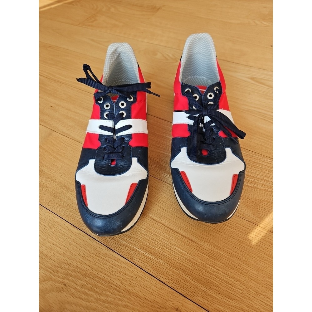 Duca Del Cosma Mens Red White Blue Leather Colorblock Low Top Sneakers